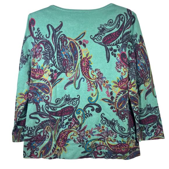 Talbots T Shirt Top Size Medium Petite Teal Paisley Print 3/4 Sleeve Soft Knit - Picture 2 of 7